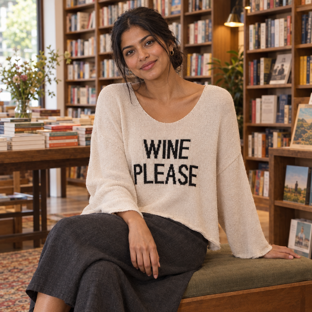 Miracle women's beige Wine Please sweater styled with a dark skirt in a bookstore