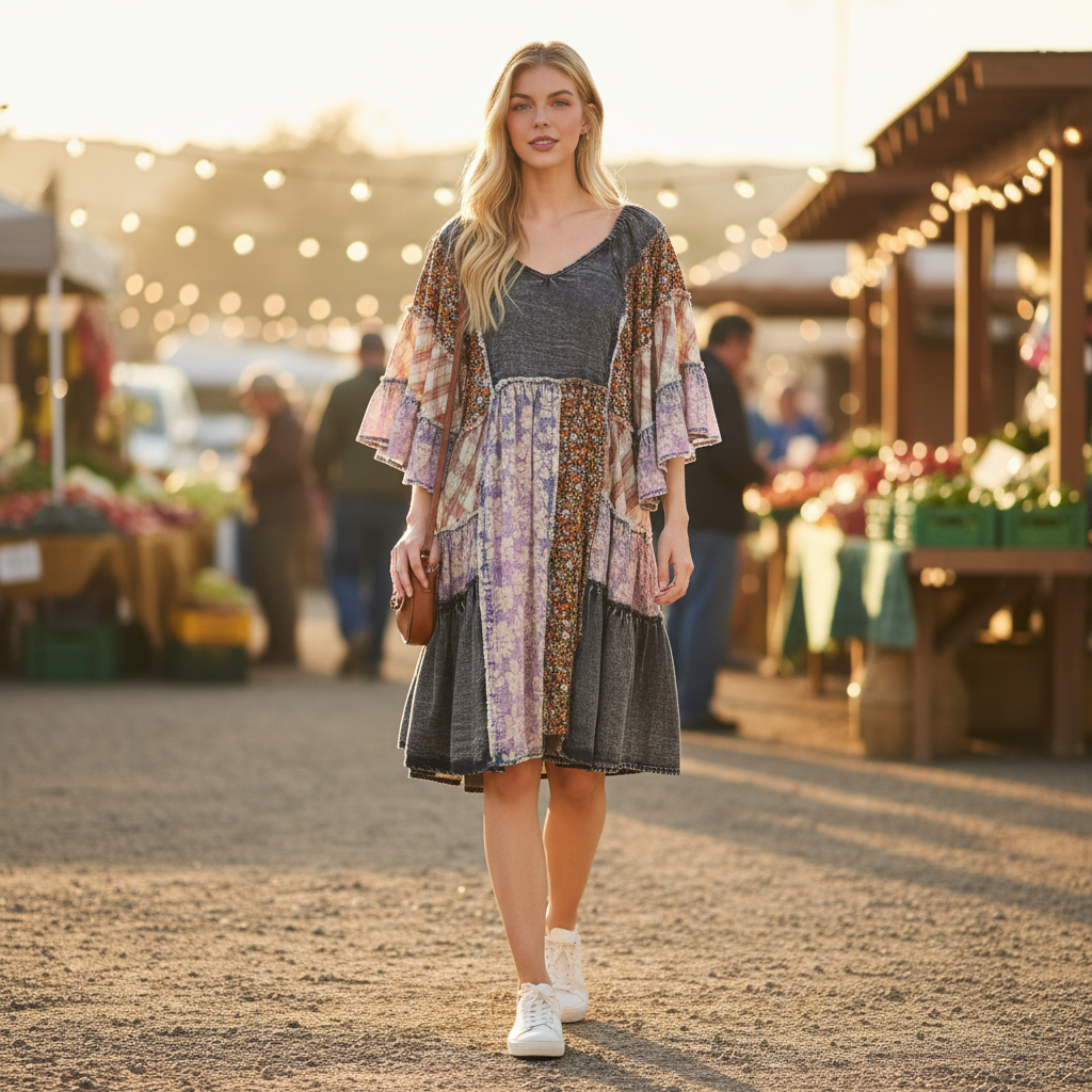 Women's black patchwork tiered tunic top with mineral wash finish styled at outdoor café boho casual look