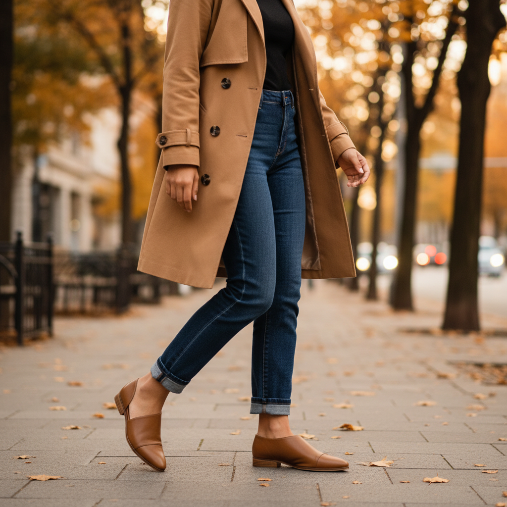 Women's camel leather D'Orsay cutout flats with low stacked heel styled with dark jeans and trench coat city look