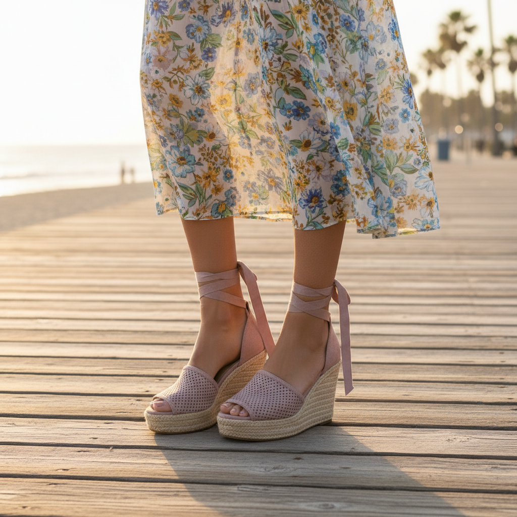 Woman wearing mauve-grey perforated espadrille wedge sandals on coastal boardwalk, golden hour light, floral dress