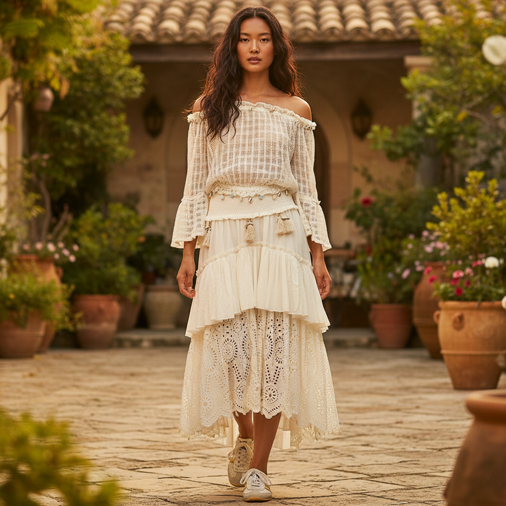 Women's POL Clothing ivory tiered maxi skirt smocked waist boho cotton eyelet lace - BellanBlue