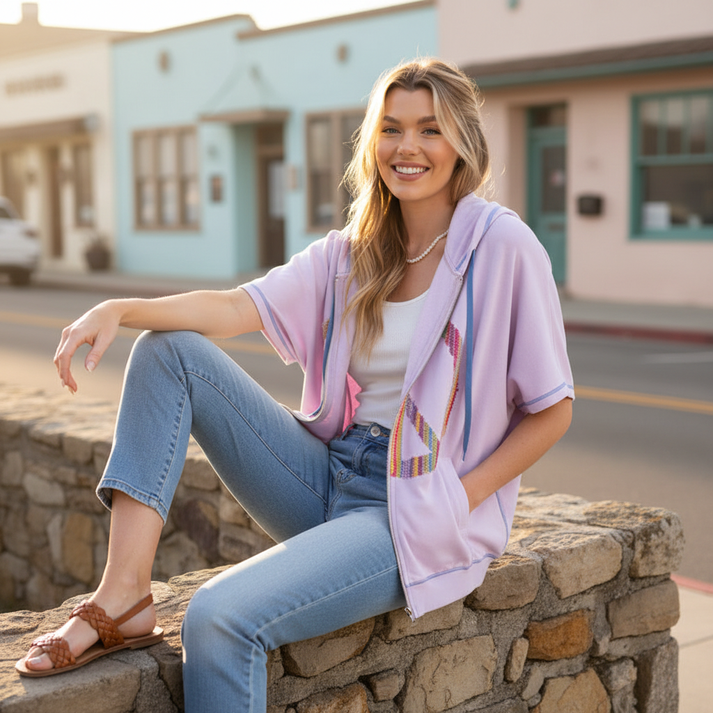 Easel women's lavender milk zip-up hoodie, peace sign graphic, seated on steps, coastal outdoor setting