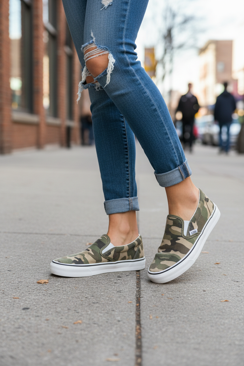 Woman wearing khaki camo platform sneakers with jeans lifestyle photo