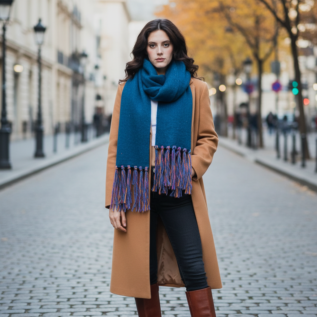 Women's cobalt speckled knit scarf wrap tied loosely over coat, multicolor fringe, boho street style