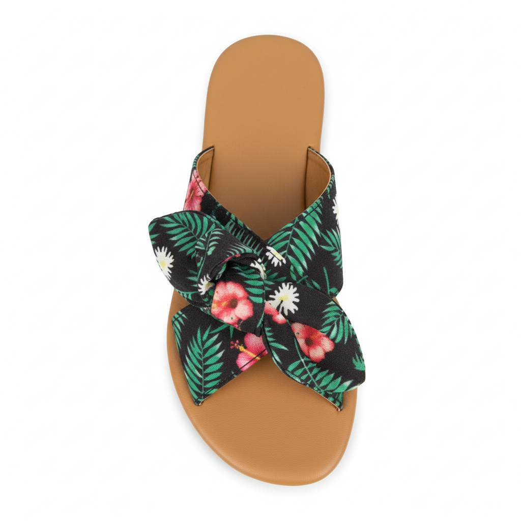 Top view of tropical floral slide sandals showing twisted knot strap with botanical print and tan footbed