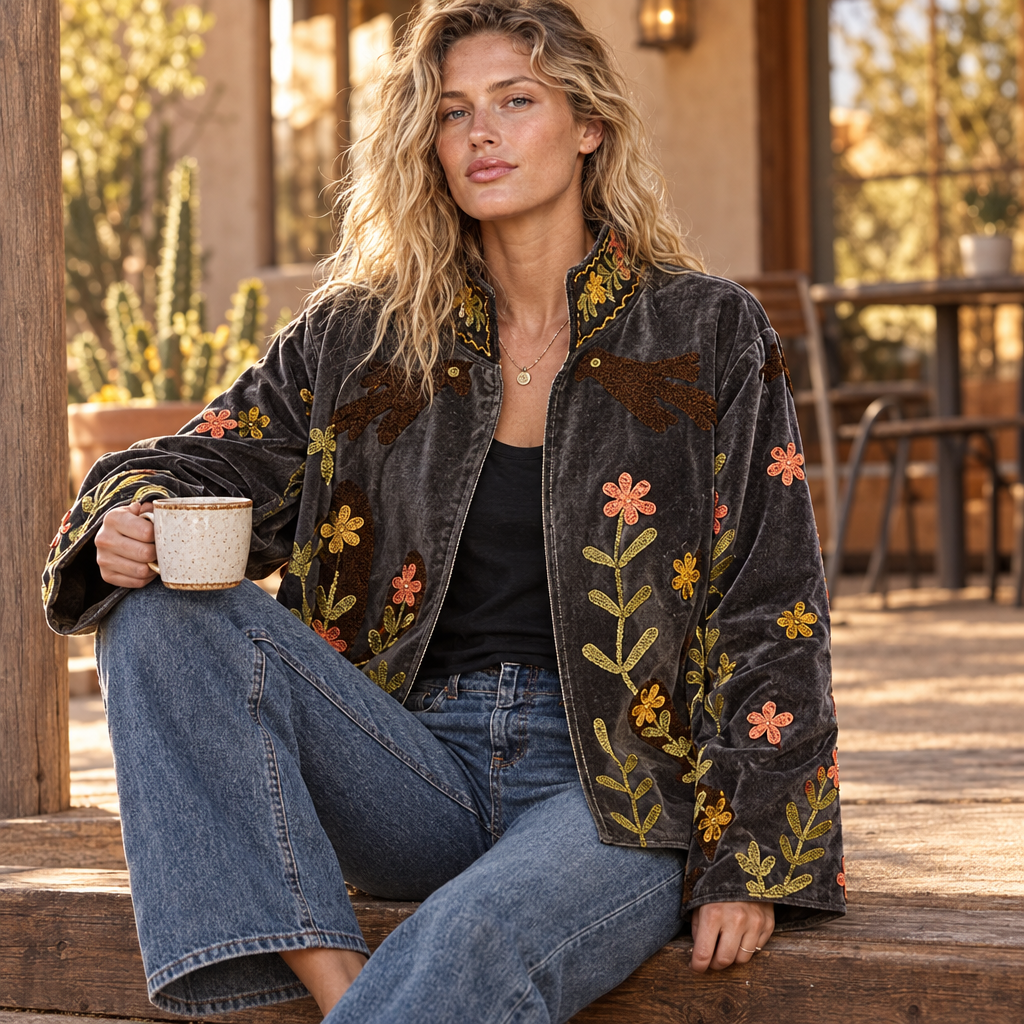 POL Clothing boho floral embroidered velvet jacket seated on a desert cafe porch