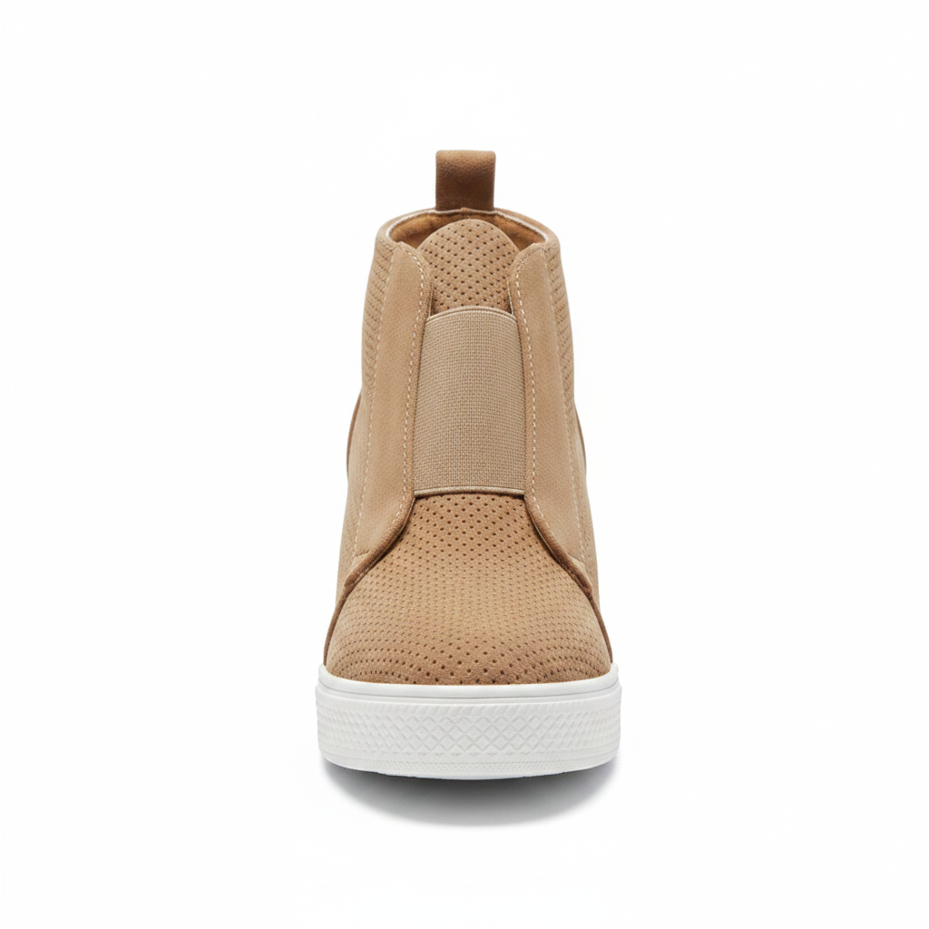 Camel perforated wedge sneaker bootie straight front view, rounded toe and perforated texture on white background