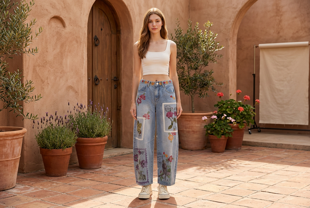 Woman wearing floral postage barrel jeans with an ivory tank and sneakers outside a terracotta studio