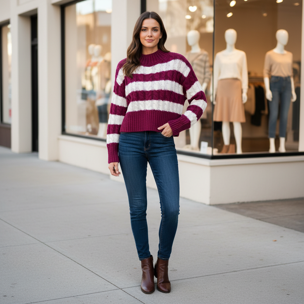 Love Tree women's violet cream cable knit striped mock neck sweater, drop shoulder, boutique street style - BellanBlue