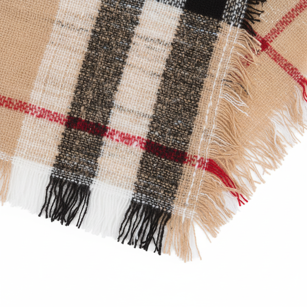 Women's plaid shawl wrap close-up, woven tan and black plaid texture and long fringe trim detail