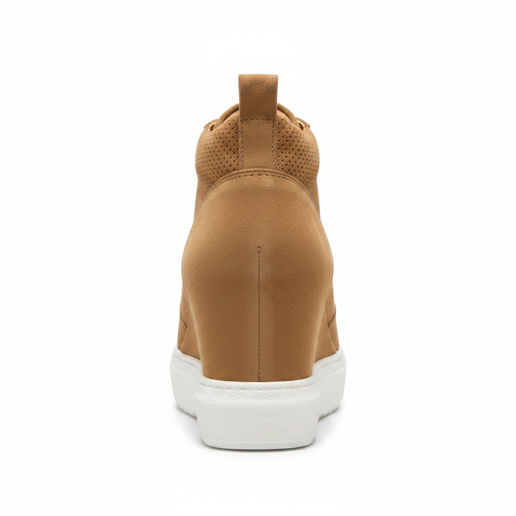 Camel perforated wedge sneaker bootie straight rear view, pull tab at heel and white platform sole on white background
