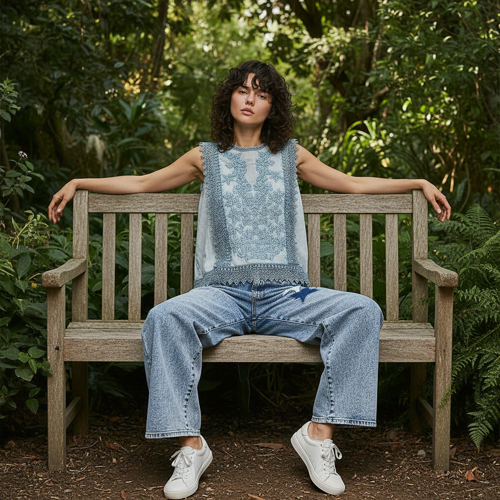 Women's denim blue crochet lace crop top seated pose showing garment drape and volume