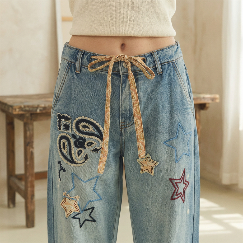 Close-up of patterned drawstring, curved pockets, stars and paisley embroidery on washed blue jeans