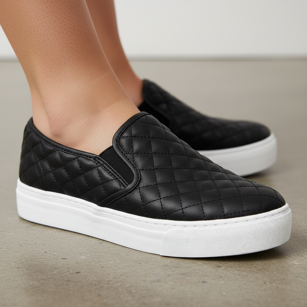 Close-up detail of black quilted diamond-pattern vegan leather upper on slip-on platform sneaker being worn