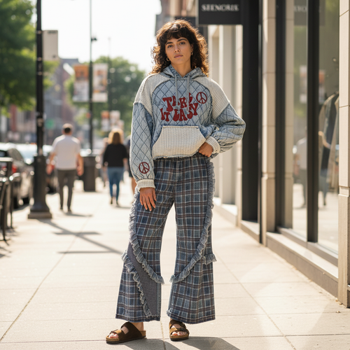 POL Clothing quilted denim patchwork hoodie in light wash with red Take It Easy embroidery, styled on city sidewalk - BellanBlue