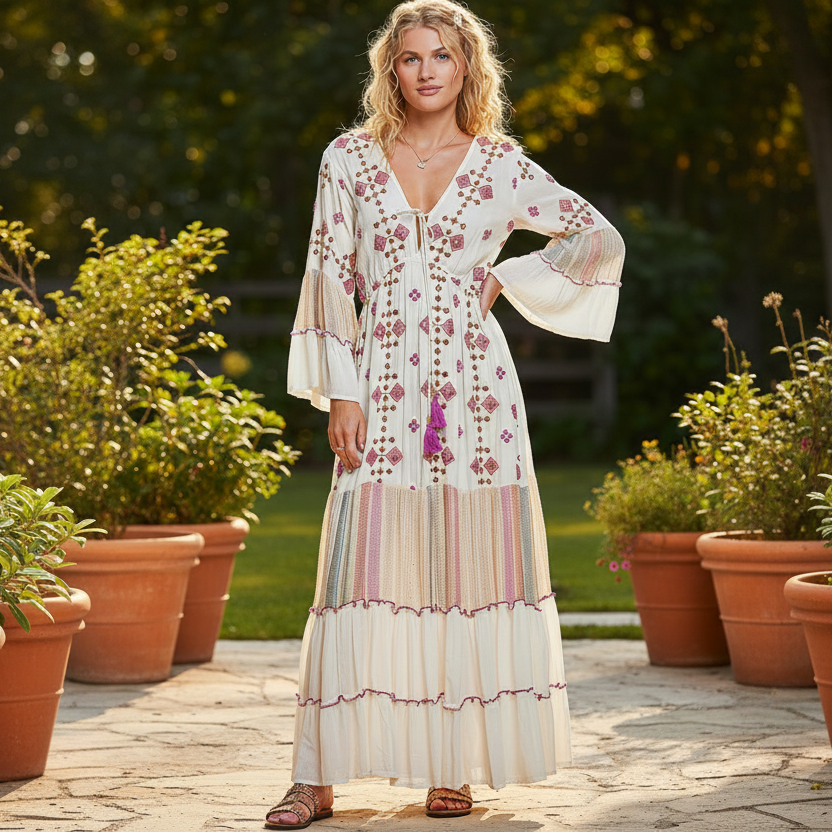 POL women's ivory multi embroidered V-neck tiered maxi dress, boho bell sleeves, garden patio - BellanBlue