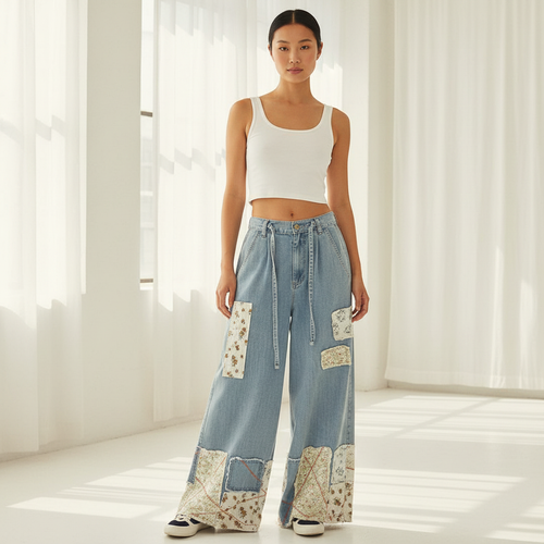 Women's light wash denim wide-leg pants, standing, patchwork tapestry hem, cargo pockets, boho style - BellanBlue