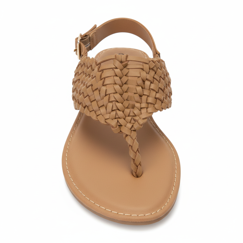 Qupid women's tan braided woven thong sandal front view with slingback ankle strap and gold buckle - BellanBlue