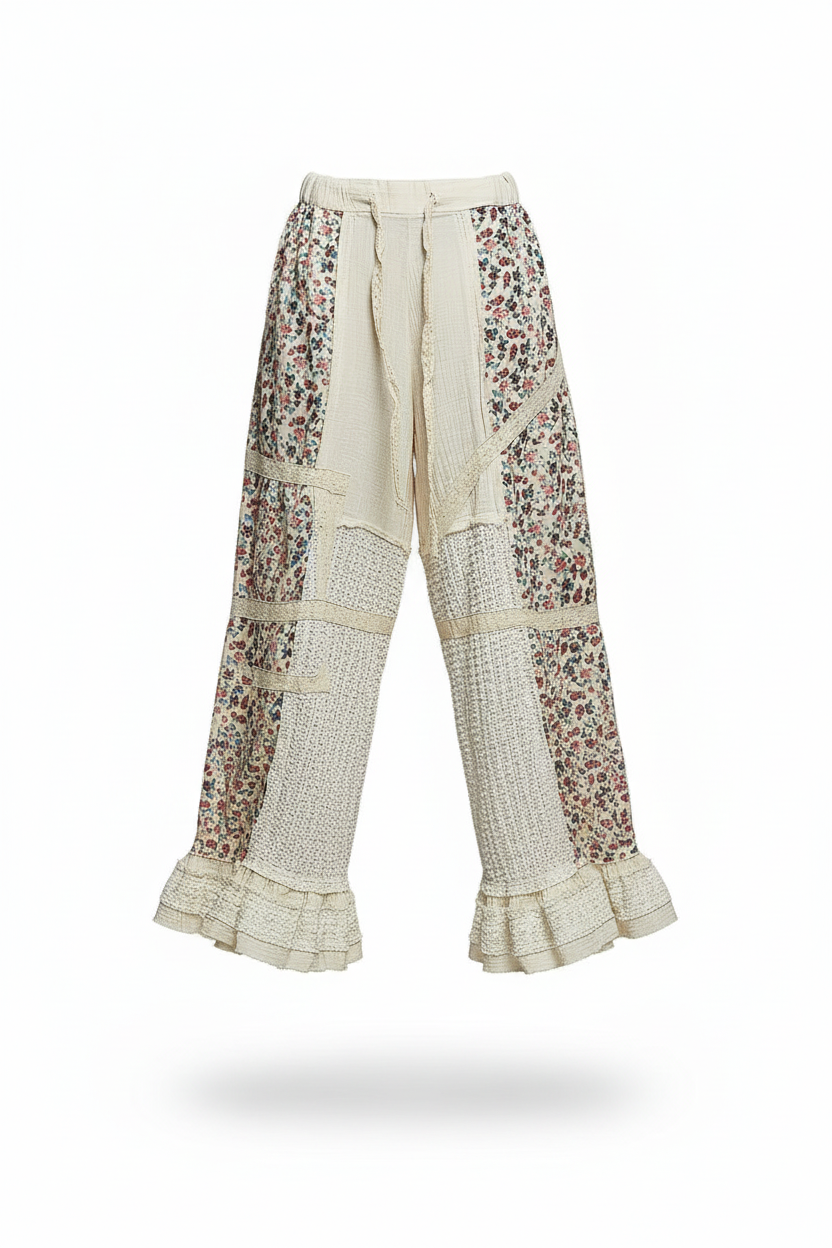 POL Wide Leg Double Gauze Pants with Lace Patch in Natural - front view ghost mannequin