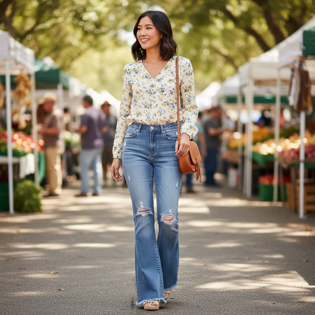 Women's vintage wash flared denim jeans styled with floral blouse for a casual outdoor fall outfit