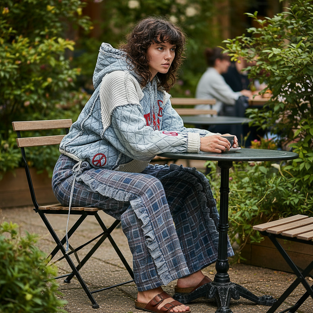 POL Clothing denim quilted hoodie with cream waffle-knit panels, worn at outdoor café, blue plaid wide-leg trousers