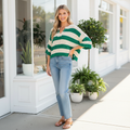 Zenana women's kelly green stripe crop sweater, split neckline, boutique sidewalk styling - BellanBlue