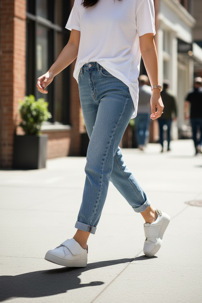 Women's white platform sneakers with leopard print heel styled with light wash jeans on a sunny urban sidewalk