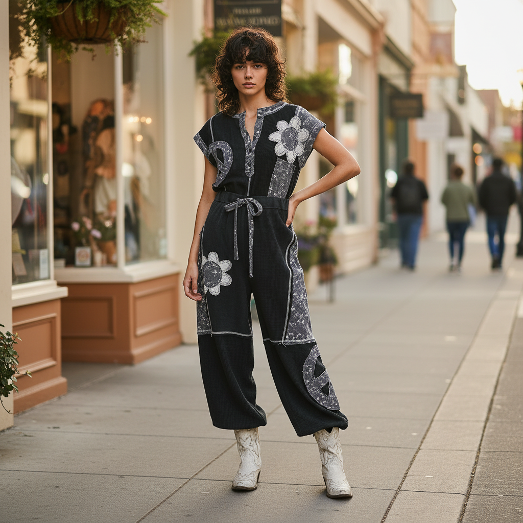 POL black thermal patchwork overalls with crochet flower appliqués, wide-leg silhouette, boutique street style - BellanBlue