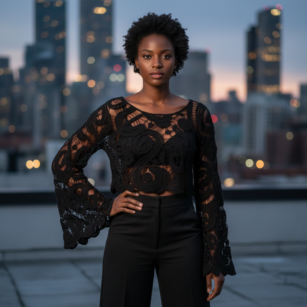 Women's black sheer paisley crochet crop top bell sleeves rooftop city editorial wide-leg trousers - BellanBlue