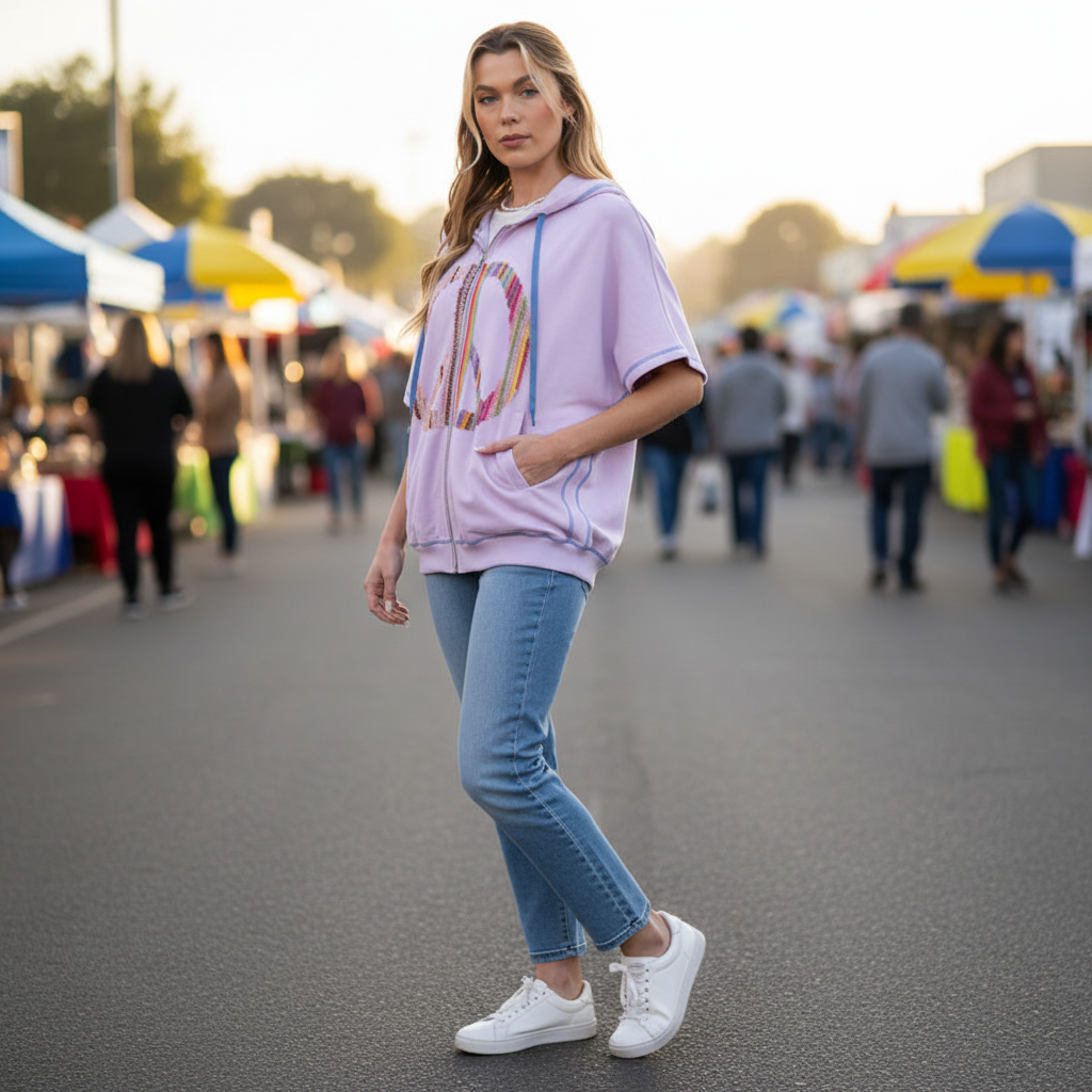 Easel women's lavender milk peace sign zip-up hoodie, short sleeve, standing outdoor farmers market - BellanBlue