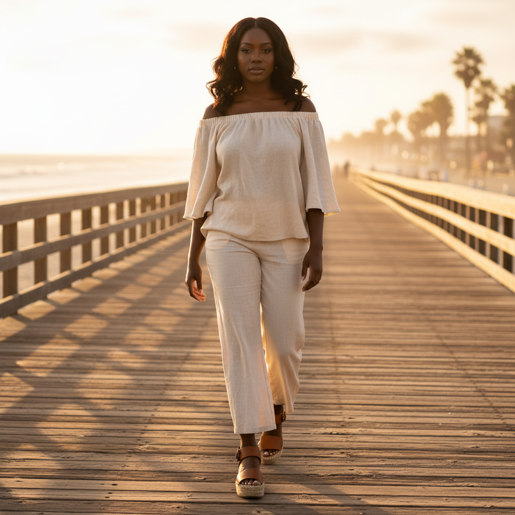 Women's tan brown platform espadrille wedge sandals worn on beach boardwalk with cream linen wide-leg pants summer style