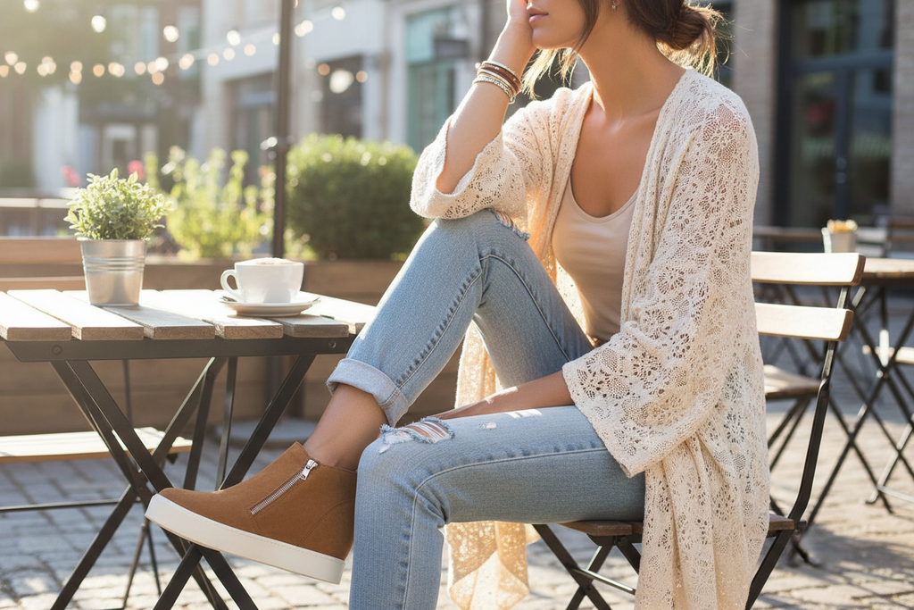 Woman wearing brown suede platform sneakers at outdoor café