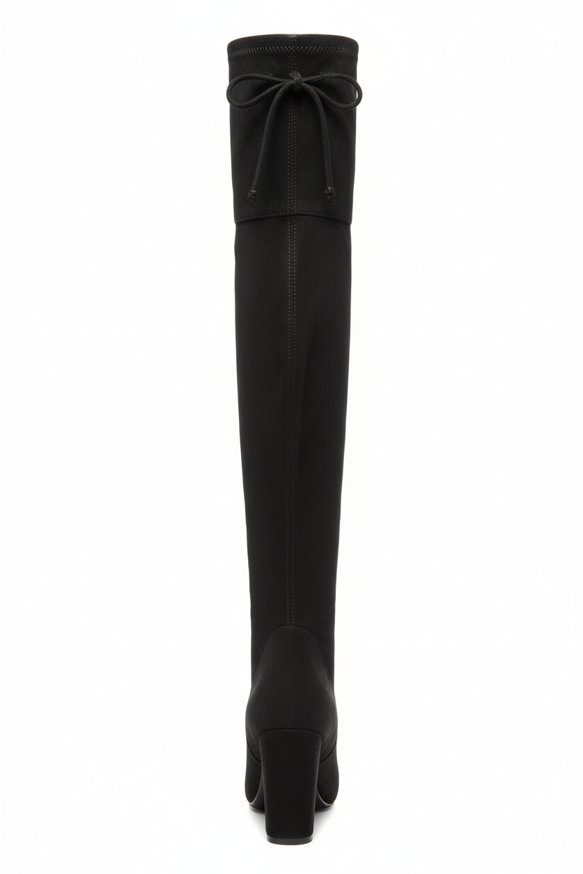 Women's over-the-knee boots - back view showing adjustable tie closure with metal grommets and heel construction