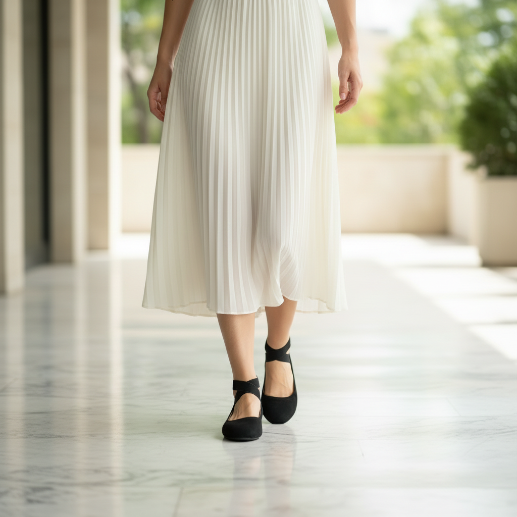 Woman wearing Bella Marie black suede ballet flats standing on stone pavement in a flowing midi dress, knees-down lifestyle shot