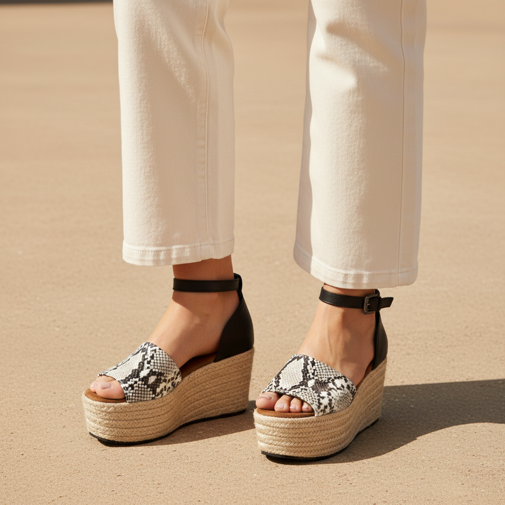Women's snake print espadrille platform wedge sandals worn as a pair on concrete with cream wide-leg trousers