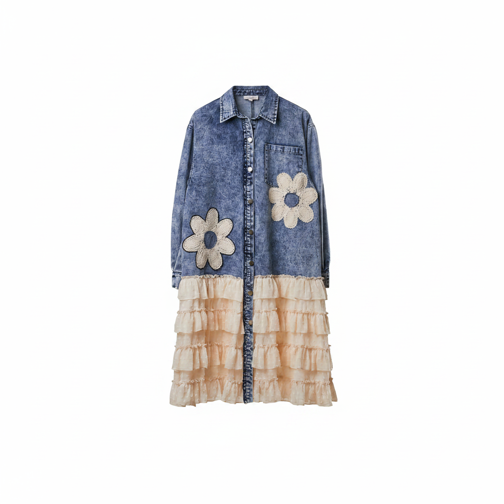 Women's washed denim button-front midi dress with crochet daisy patches and tiered ruffle skirt, front view