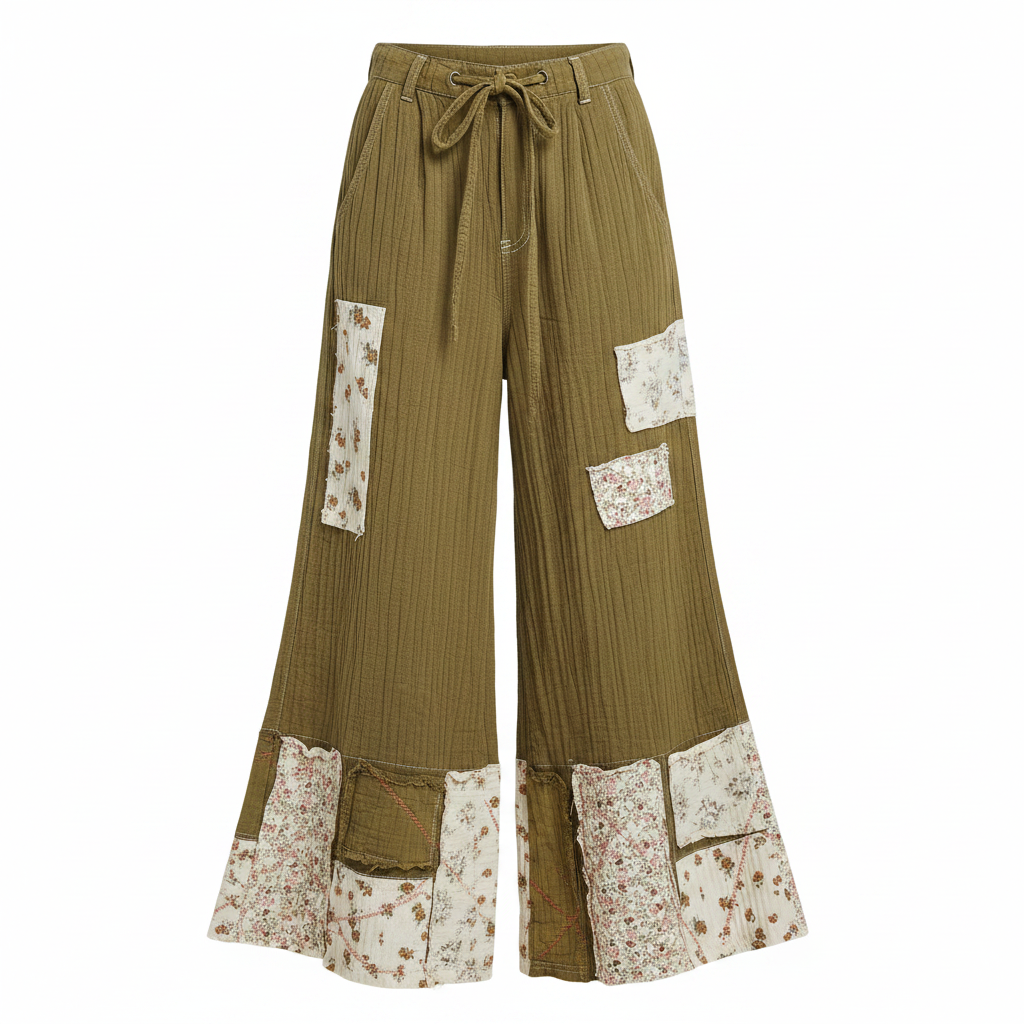 Women's olive quilted pants front, ghost mannequin, cream floral patchwork panels, drawstring waist, wide-leg