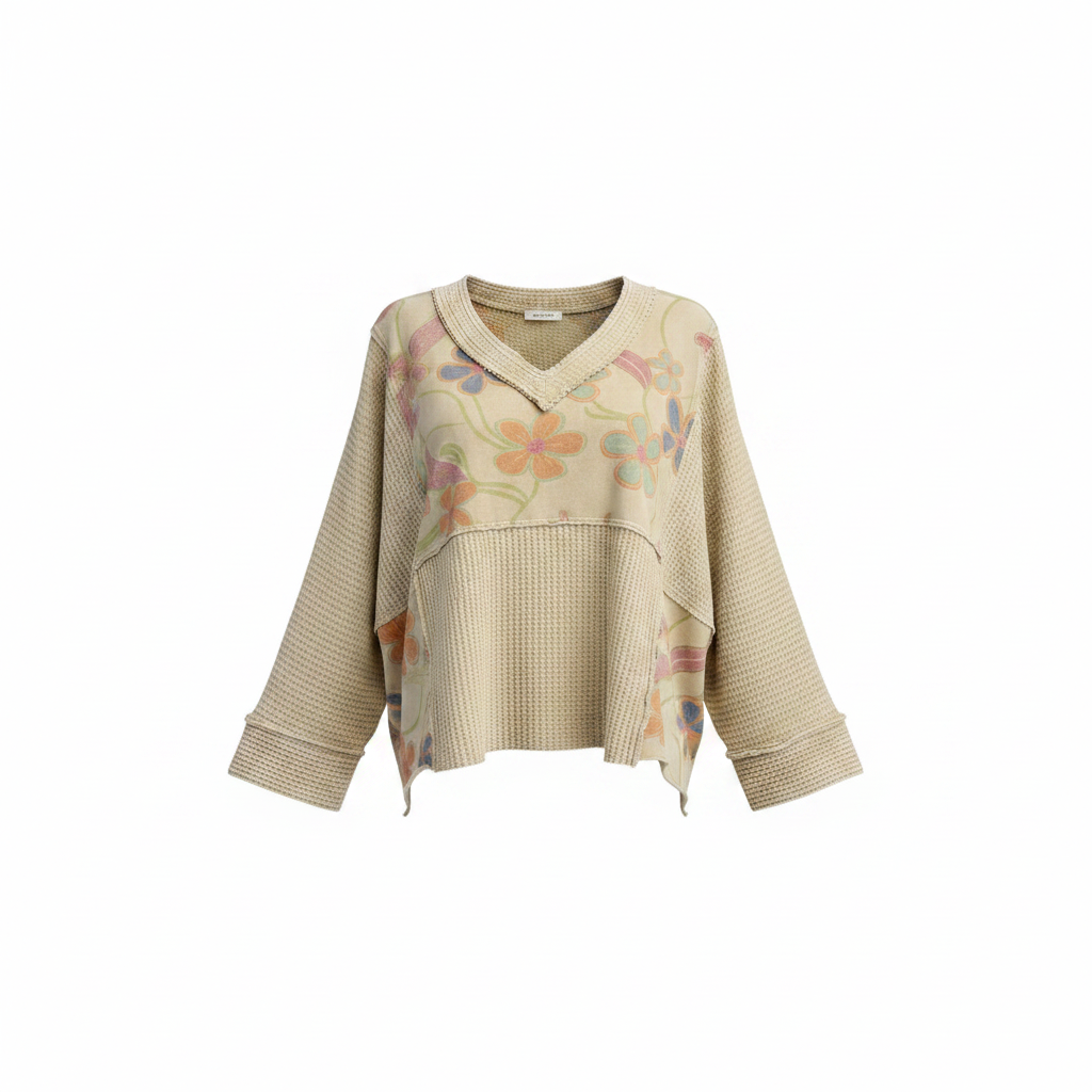 Easel women's sage floral panel V-neck top, ghost mannequin front view, waffle knit and floral print panels