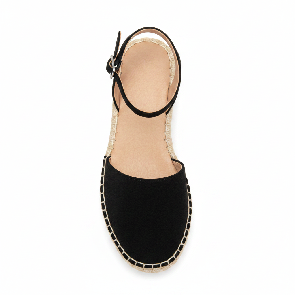 Women's black suede closed toe espadrille flatform sandal top down view showing suede upper and adjustable ankle strap layout