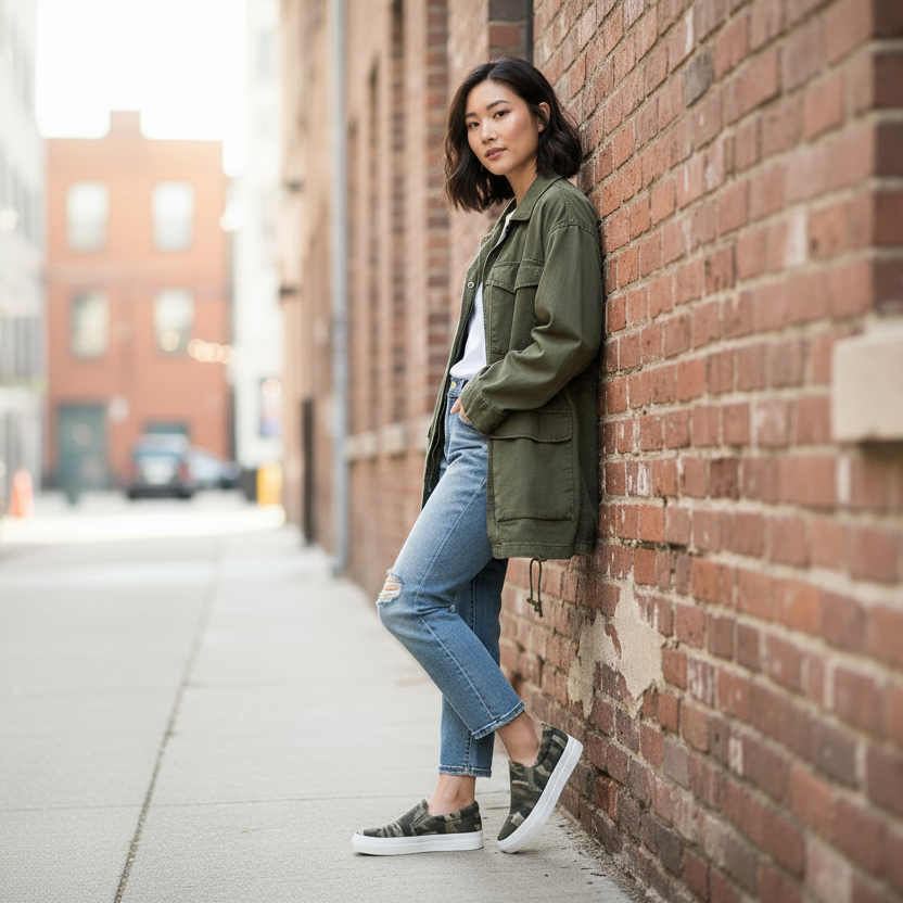Women's khaki camo slip-on sneakers with platform sole styled with distressed jeans and army jacket urban street style
