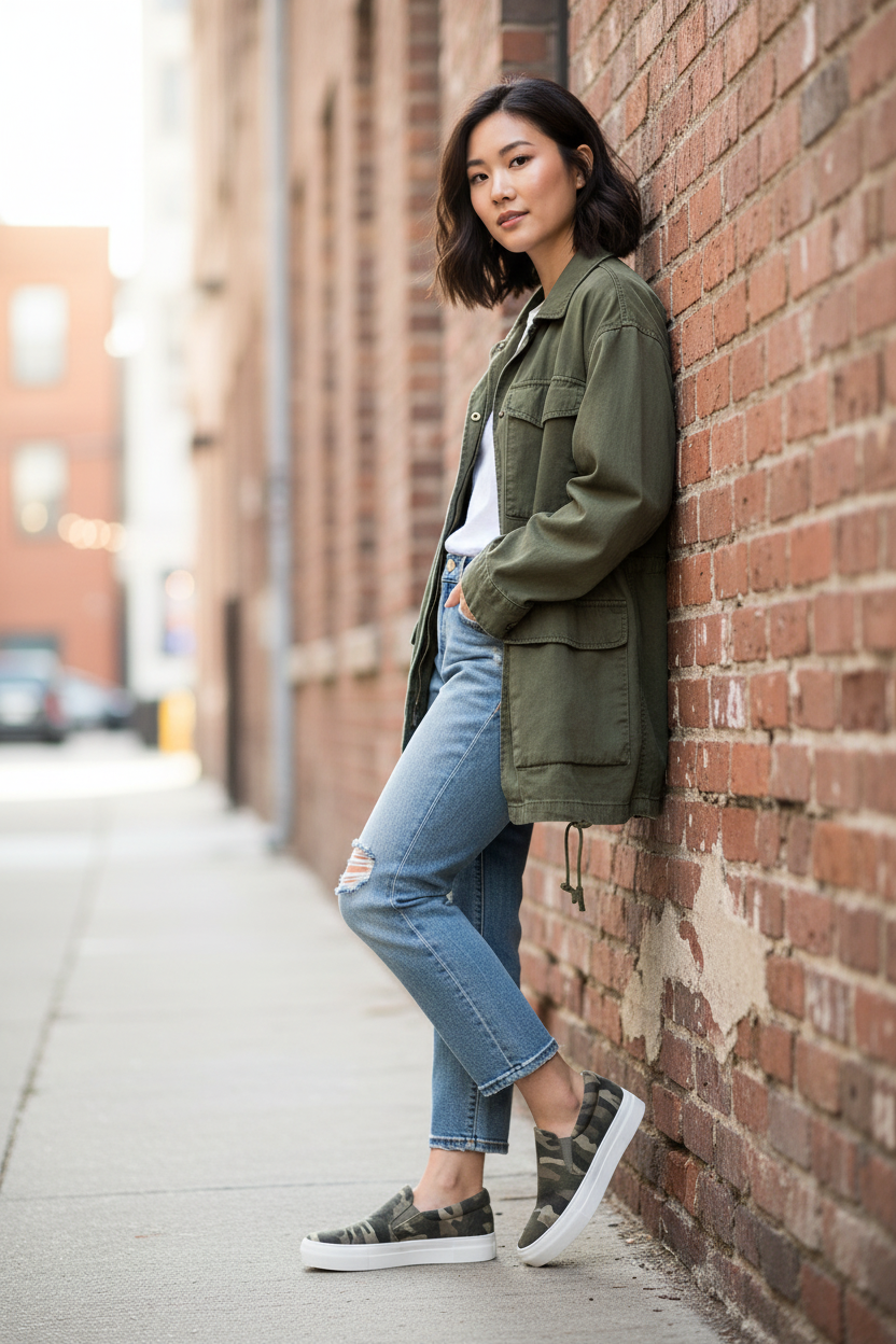 Women's khaki camo slip-on sneakers with platform sole styled with distressed jeans and army jacket urban street style