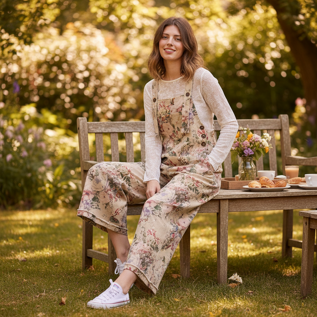 Blue Velvet taupe floral overalls seated outdoors showing wide-leg drape and bib button detail