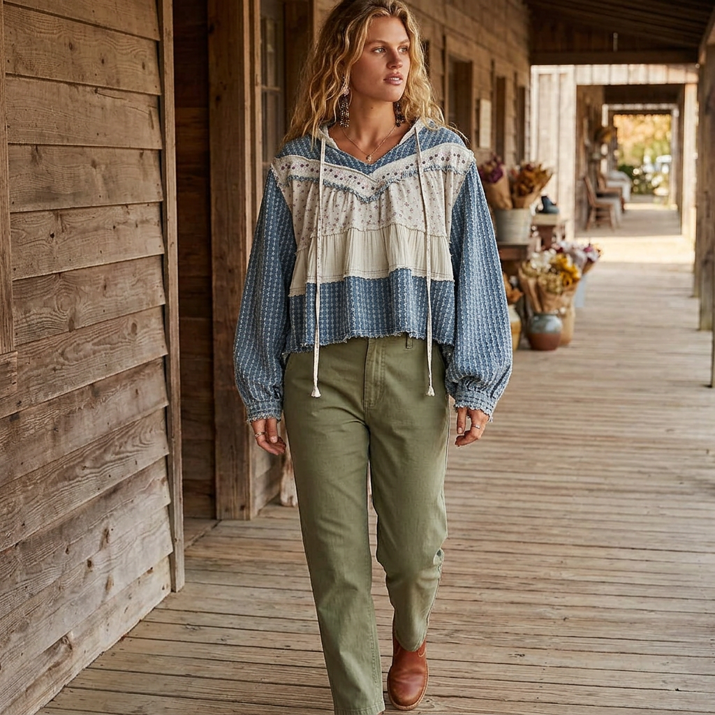 Woman walking along a wooden market walkway in a blue floral patchwork hoodie and olive trousers.