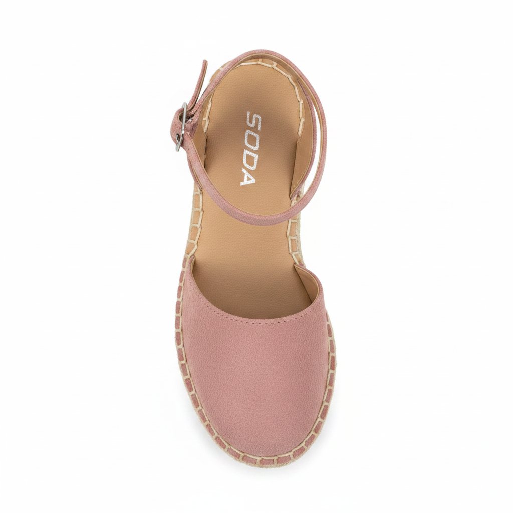 Women's mauve suede closed toe espadrille flatform sandal top down view showing suede upper and adjustable ankle strap layout