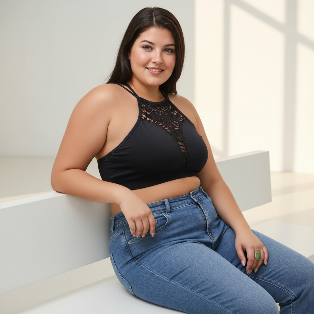 Women's black halter crop bralette seated lifestyle, crochet cutout neckline, double cross back straps