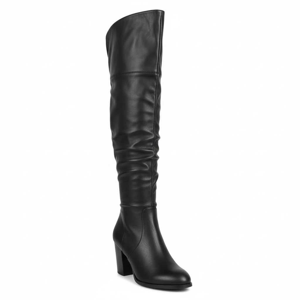 Women's black over-the-knee slouchy boot with block heel - front view on white background