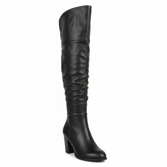 Women's black over-the-knee slouchy boot with block heel - front view on white background