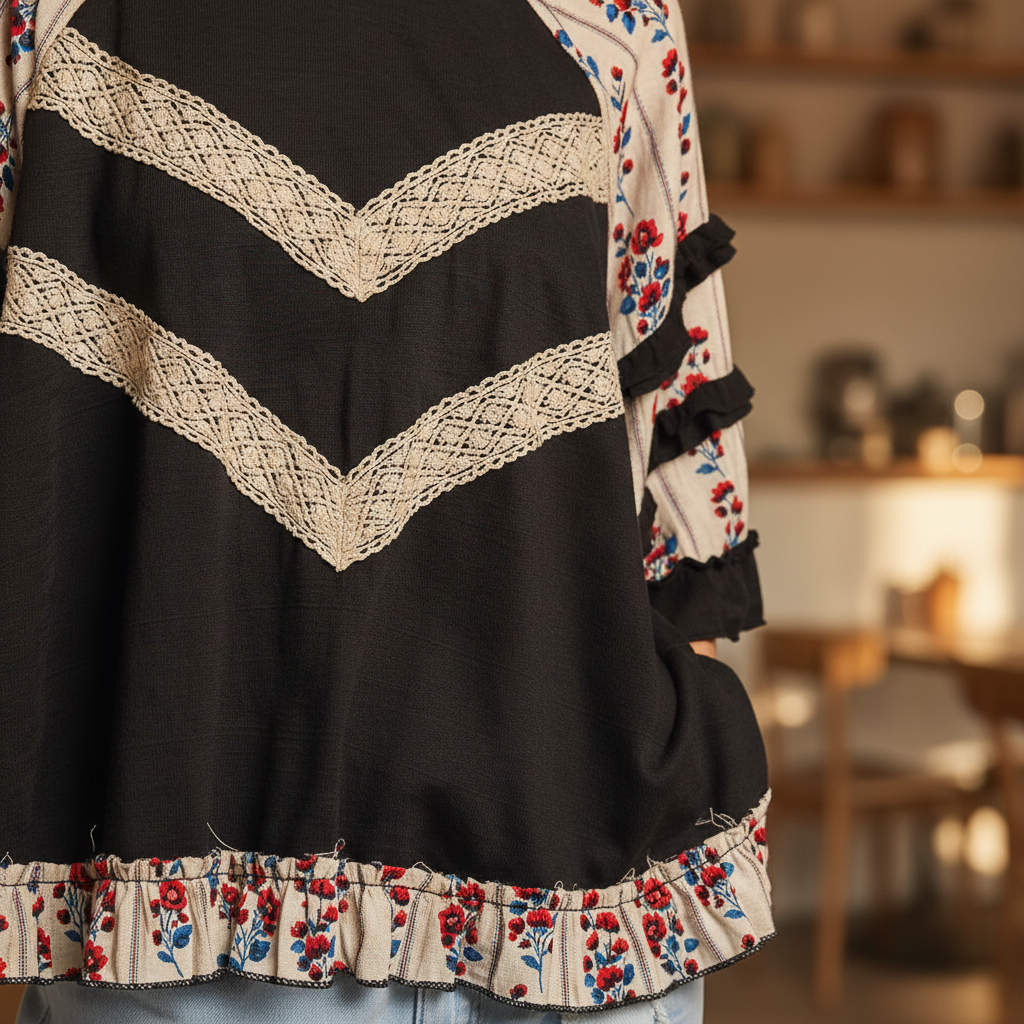 POL Clothing black knit top with cream lace and floral ruffle hem detail, close crop