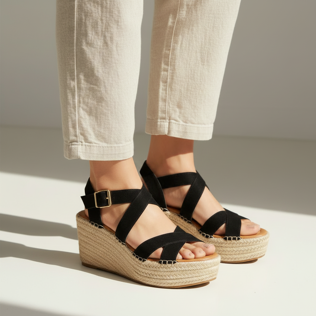 AMS Leopard Print Crisscross Ankle Strap Espadrille Wedge Sandals