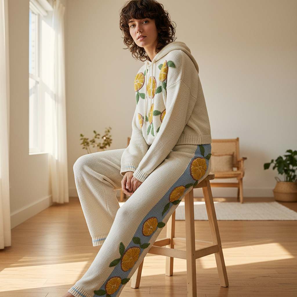 POL Clothing women's cream citrus knit pants styled with matching hoodie, home interior, relaxed boho set